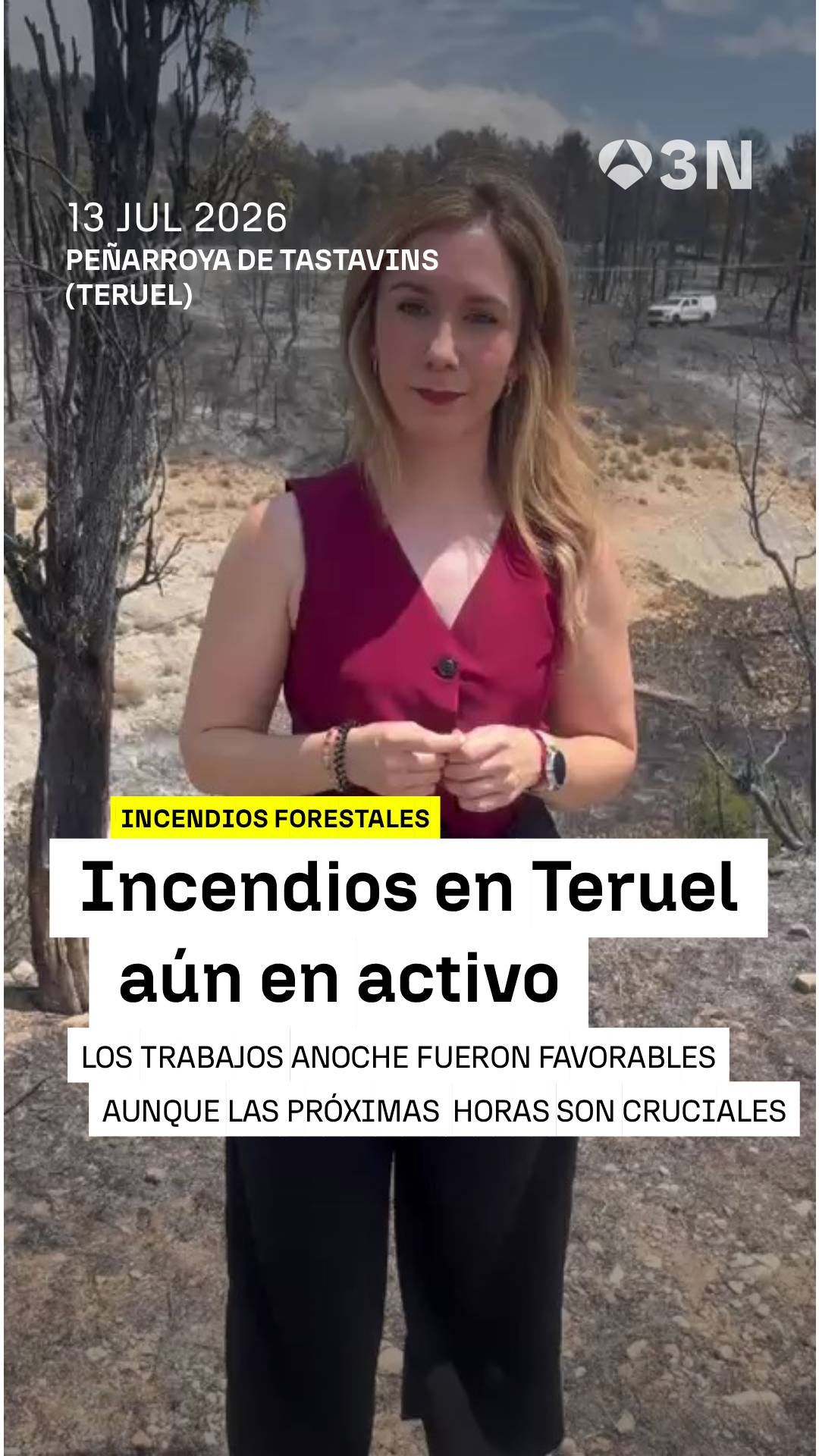 🔥 El incendio en la localidad Peñarroya de Tastavins, en Teruel, continúa en activo aunque ya más contenido.