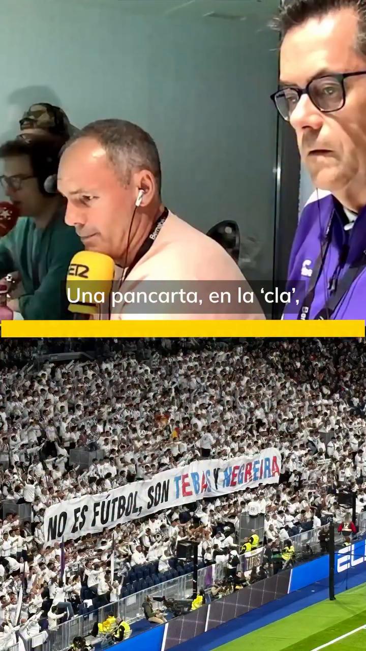 Aficionados del Real Madrid exhiben pancarta contra Tebas y Negreira en el Bernabéu
