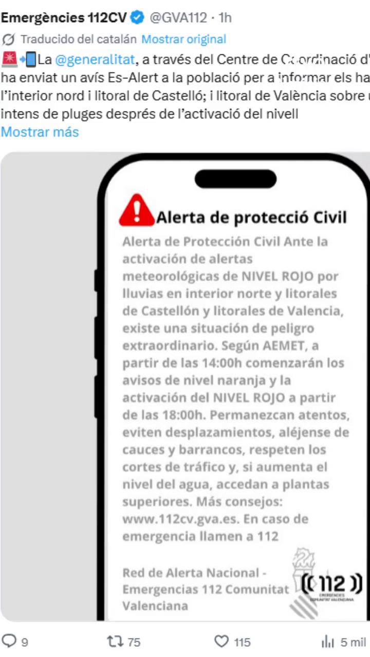 La Generalitat Valenciana alerta de fuertes lluvias torrenciales en Valencia y Castellón