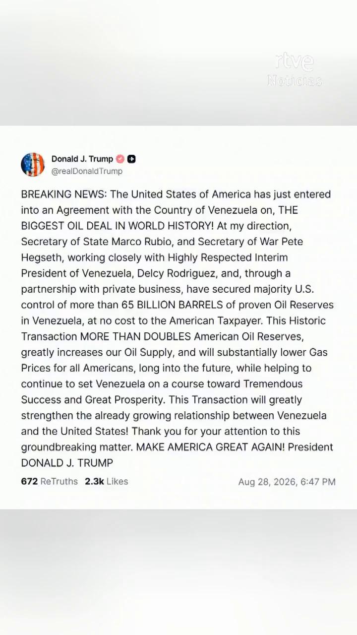 Trump asegura que Estados Unidos controlará 65.000 millones de barriles de petróleo venezolano