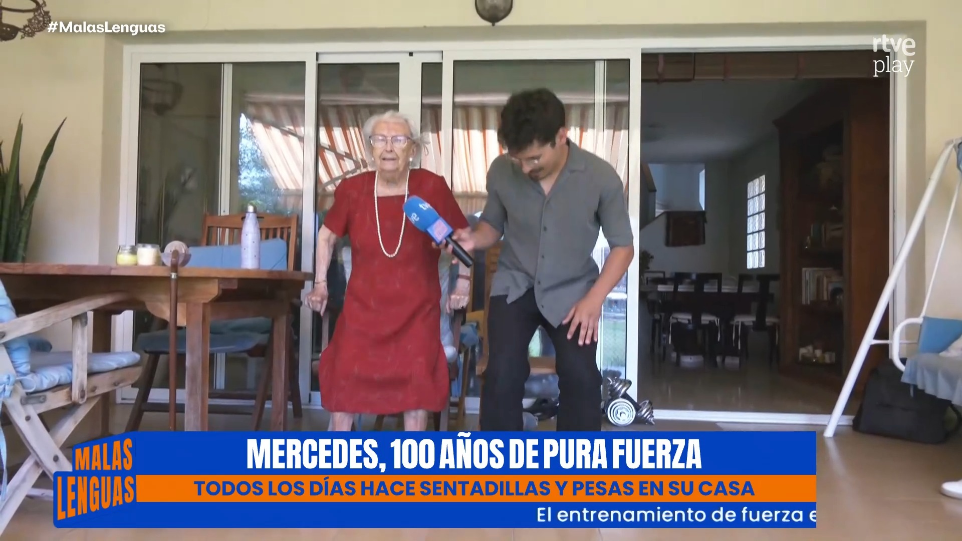 A sus 100 años, Mercedes hace sentadillas y pesas para estar en forma