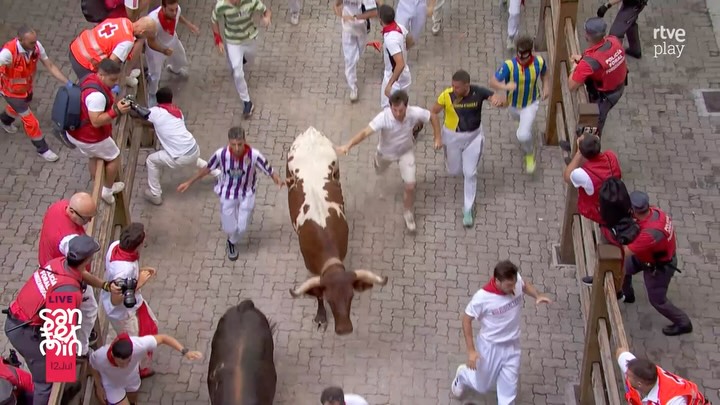Corredores ponen en peligro el encierro al tocar el lomo del toro
