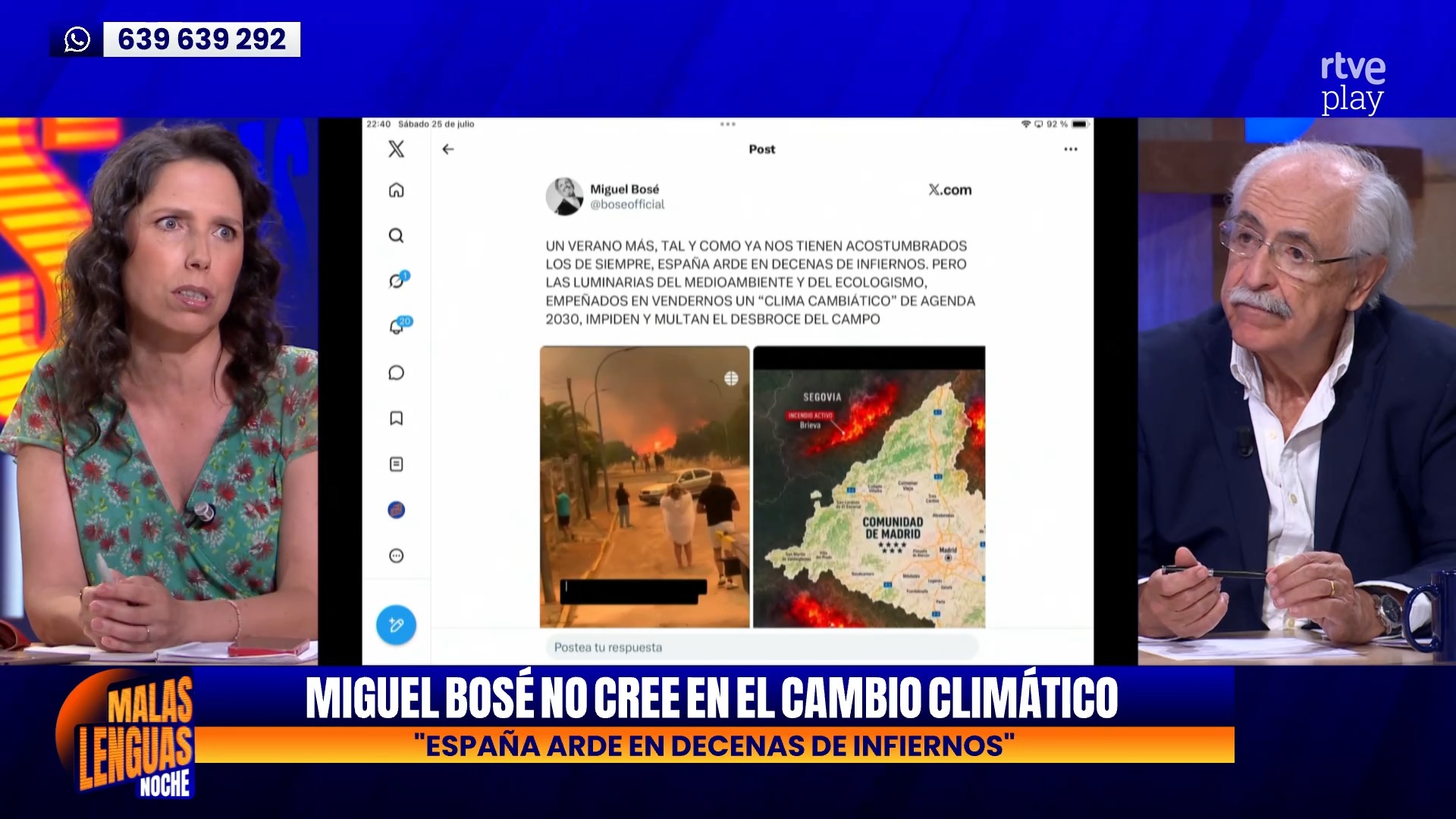 Miguel Bosé vincula los incendios en España con la Agenda 2030 y el clima cambiático
