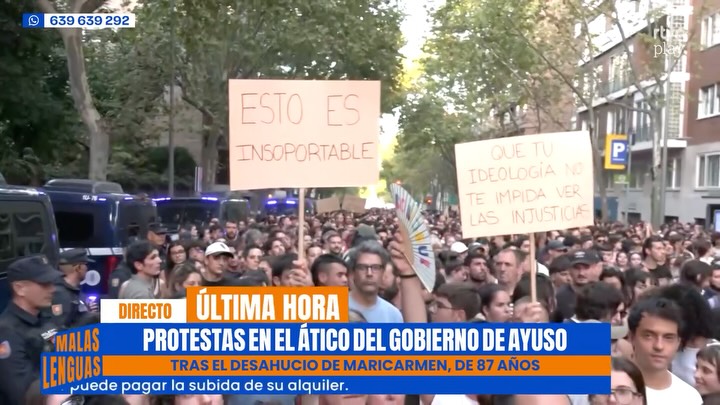 Protesta masiva contra el desahucio de Mari Carmen frente al ático de Ayuso