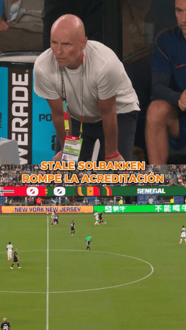  El seleccionador de Noruega, Stale Solbakken, rompe la acreditación al celebrar el gol de Holmgren.
