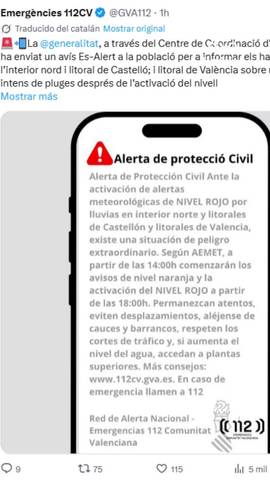La Generalitat manda un Es-Alert ante el aviso rojo por 