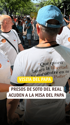 16 internos de la prisi�n de Soto del Real, junto a 13 voluntarios, acuden a la misa de Le�n XIV en Cibeles.